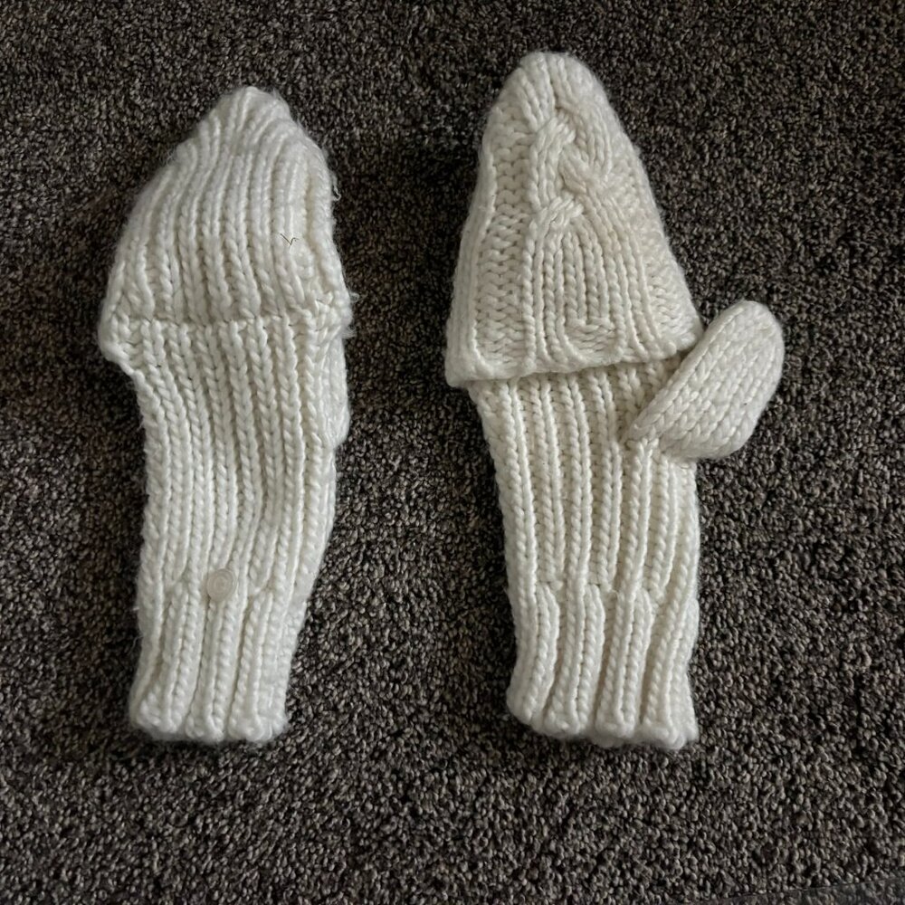 White knit mittens convert to fingerless gloves, white accent button